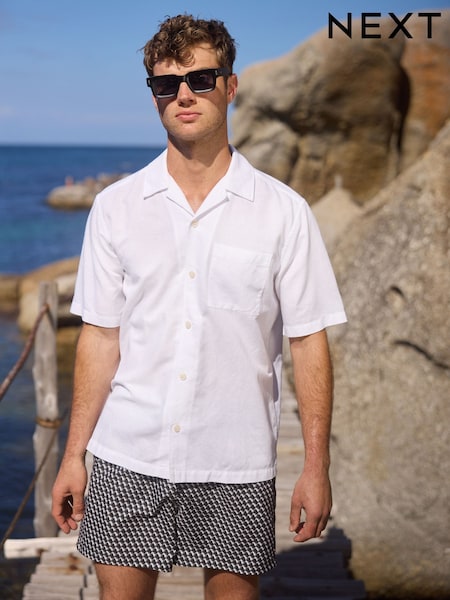White Cuban Collar Cotton Linen Blend Short Sleeve Shirt (AA1154) | £28