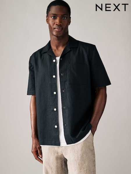 Black Cuban Collar Cotton Linen Blend Short Sleeve Shirt (AA1155) | £28