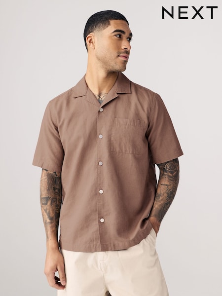 Neutral Stone Cuban Collar Cotton Linen Blend Short Sleeve Shirt (AA1157) | £28