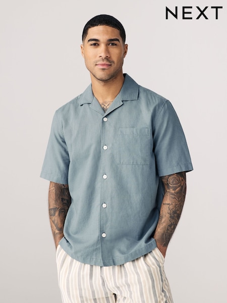 Blue Cuban Collar Cotton Linen Blend Short Sleeve Shirt (AA1158) | £28