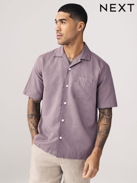 Mauve Purple Cuban Collar Cotton Linen Blend Short Sleeve Shirt (AA1159) | £28