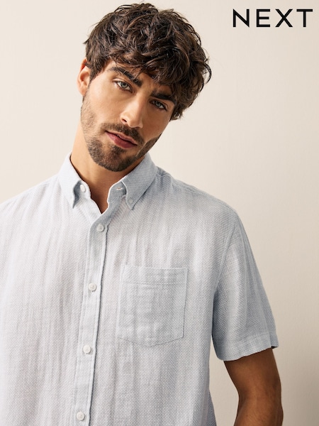 Grey Standard Collar Cotton Linen Blend Short Sleeve Shirt (AA1161) | £28