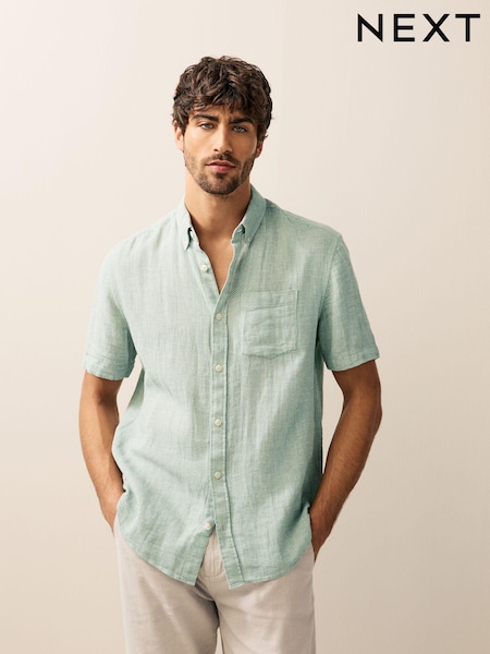 Green Standard Collar Cotton Linen Blend Short Sleeve Shirt (AA1162) | £28