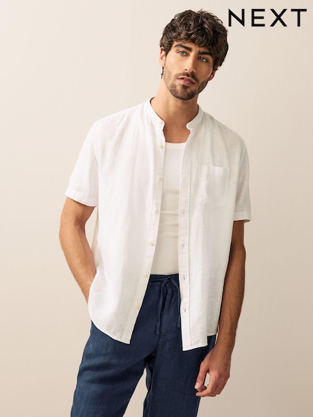 White Grandad Collar Cotton Linen Blend Short Sleeve Shirt (AA1165) | £28