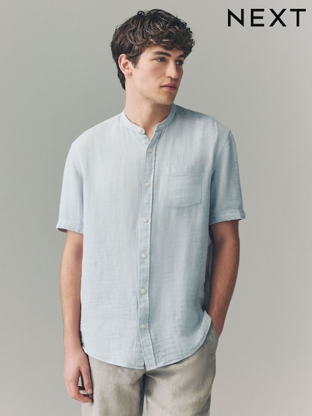 Grey Grandad Collar Cotton Linen Blend Short Sleeve Shirt (AA1167) | £28
