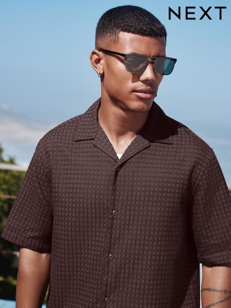 Brown Short Sleeve Textured Waffle 100% Cotton Shirt (AA1176) | £30