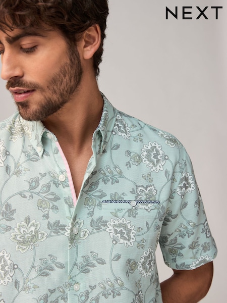 Blue Short Sleeve Textured Floral Printed 100% Cotton Shirt (AA1177) | £32