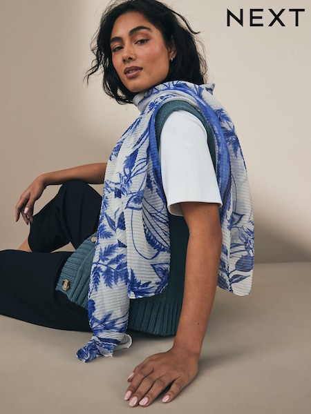 Blue/White Floral Plisse Lightweight Scarf (AA1532) | £14