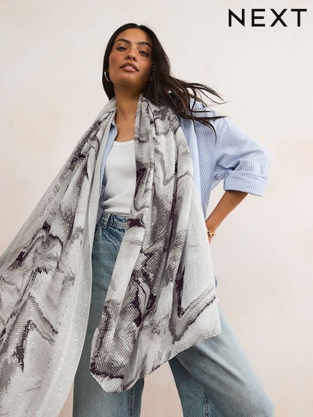 Black & White Marble Plisse Lightweight Scarf (AA1536) | £14