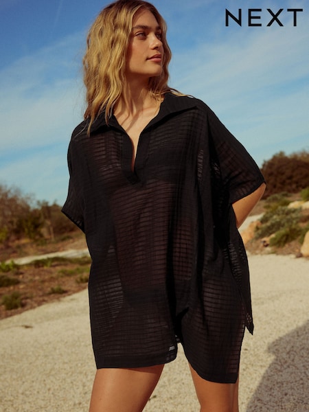 Black Longline Overhead 100% Cotton Shirt Cover-Up (AA1564) | £29