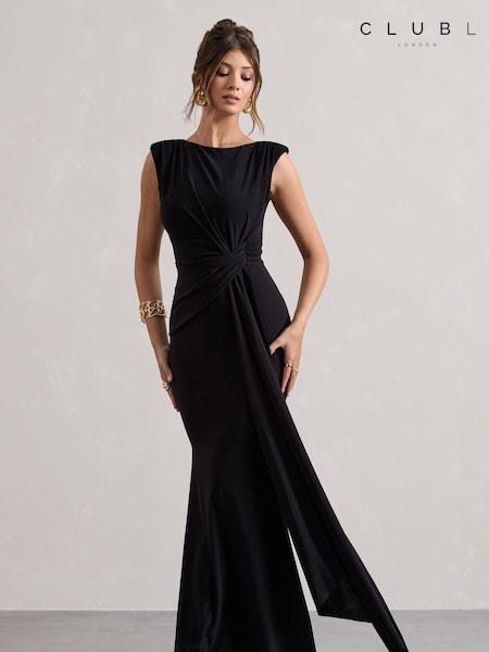 Club L London Black Kadie Sleeveless Gathered Maxi Dress With Drape (AA1864) | £85