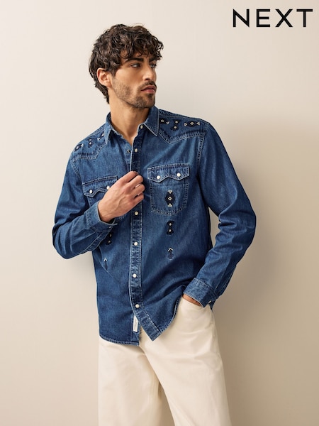 Blue Long Sleeve 100% Cotton Embroidered Western Shirt (AA1982) | £38