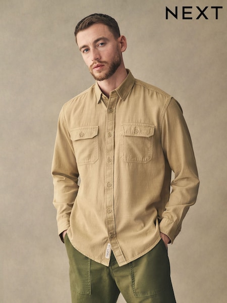 Tan Brown Cotton Tencel Blend Long Sleeve Shirt (AA1986) | £39