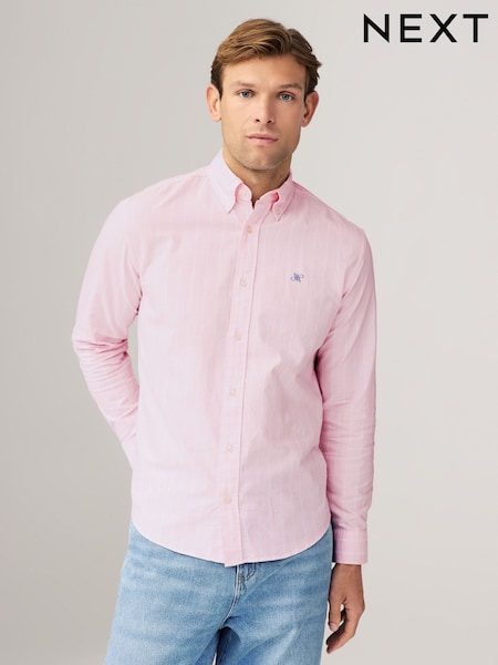 Pink/White 100% Cotton Stripe Long Sleeve Oxford Shirt (AA1990) | £28