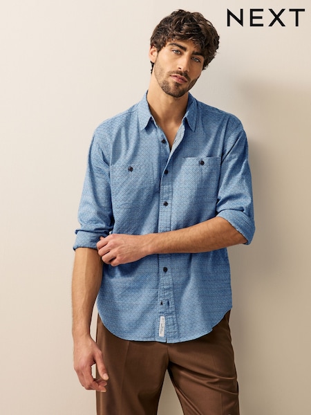 Blue Twin Pocket Textured Long Sleeve 100% Cotton Shirt (AA1991) | £35