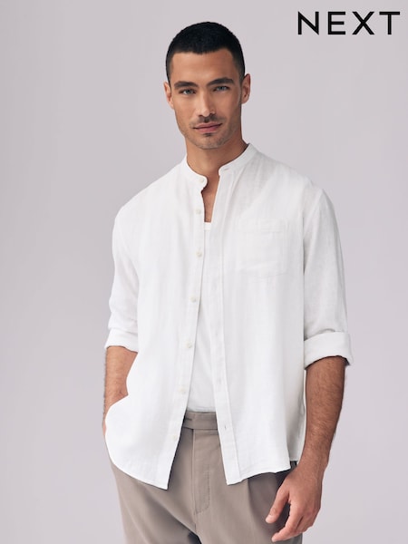 White Grandad Collar Cotton Linen Blend Long Sleeve Shirt (AA2175) | £30