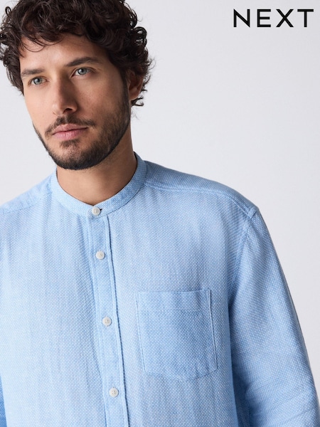 Blue Grandad Collar Cotton Linen Blend Long Sleeve Shirt (AA2176) | £30