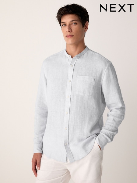 Grey Grandad Collar Cotton Linen Blend Long Sleeve Shirt (AA2367) | £30