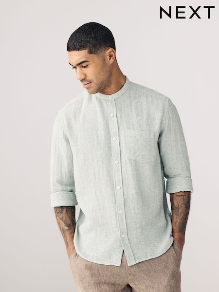 Sage Green Grandad Collar Cotton Linen Blend Long Sleeve Shirt (AA2369) | £30