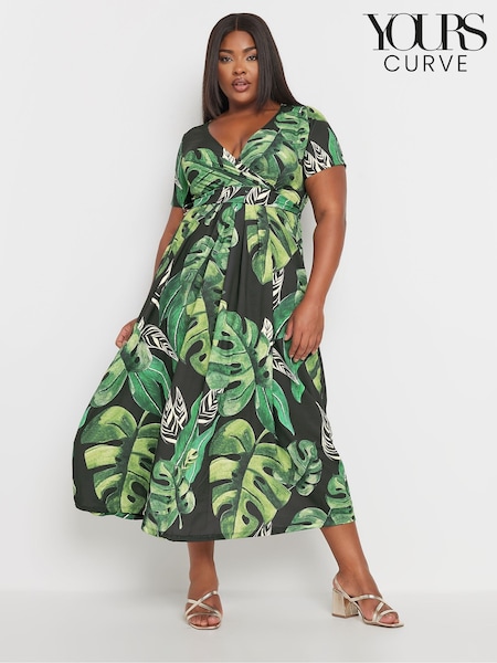 Yours Curve Black Leaf Print Woven Wrap Maxi Dress (AA2429) | £37