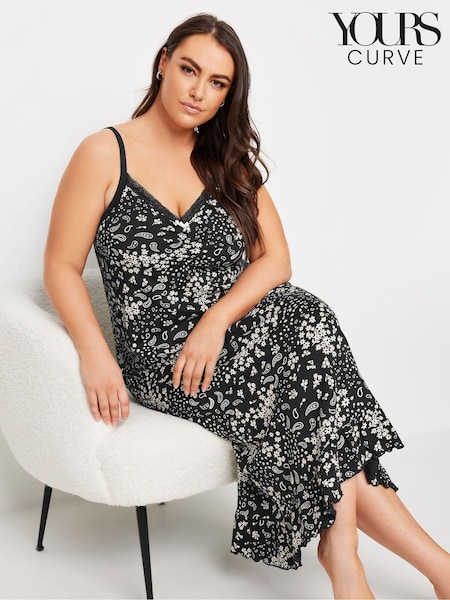 Yours Curve Black Monotone Paisley 100% Cotton Midaxi Chemise (AA2647) | £22