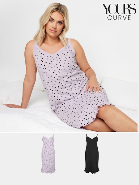 Yours Curve Purple Random Heart 100% Cotton Chemises 2 Pack (AA2648) | £29