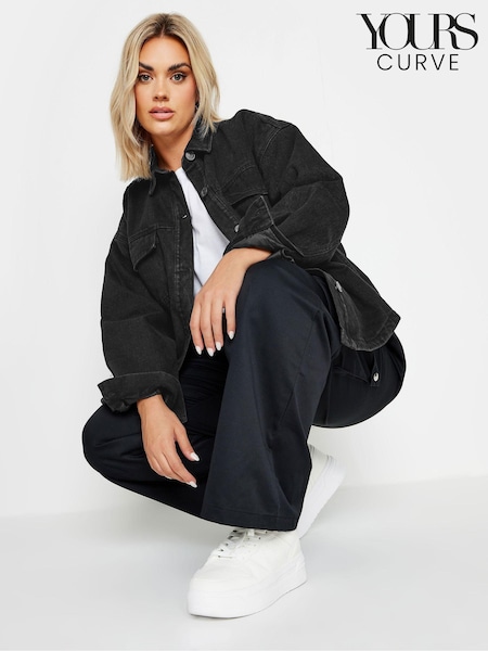 Yours Curve Black Quilted Denim Shacket (AA2665) | £45