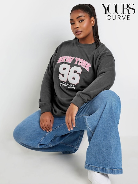 Yours Curve Grey New York Flocked Sweatshirt (AA2675) | £27
