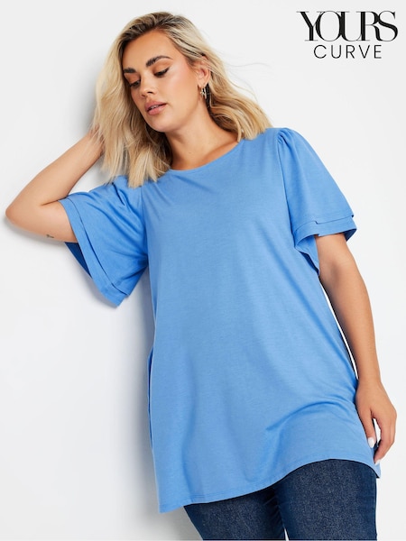 Yours Curve Blue Double Frill Angel Sleeve Plain Top (AA2716) | £19