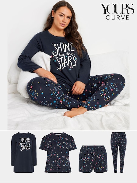 Yours Curve Blue Multicolour Stars Long Sleeve 100% Cotton Pyjamas Set 4 Pack (AA2743) | £45