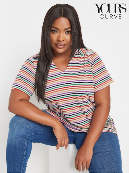 Yours Curve White Striped Polo T-Shirt (AA2764) | £24