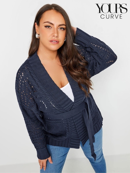 Yours Curve Blue Pointelle Mix Cardigan With Belt (AA2877) | £39