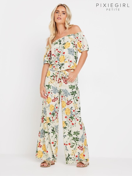 PixieGirl Petite White Multi Floral Wide Leg Trousers (AA3134) | £34