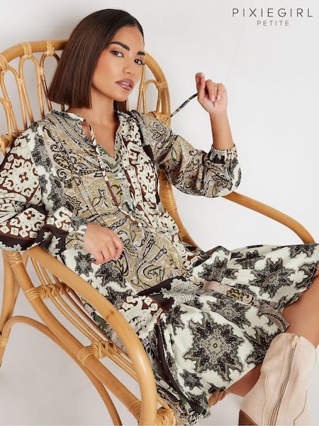 PixieGirl Petite Brown Boho Patchwork Tiered Dress (AA3144) | £39