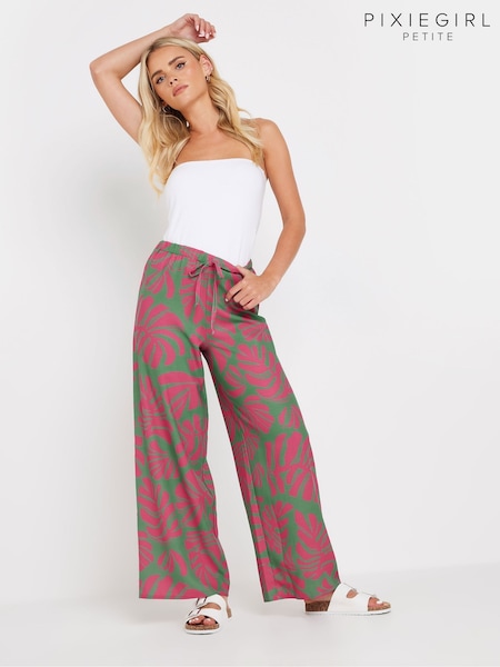 PixieGirl Petite Green & Pink Tropical Wide Leg Trousers (AA3145) | £34