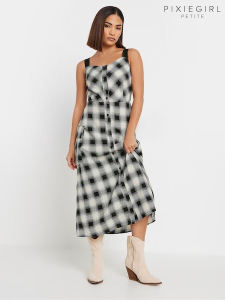 PixieGirl Petite Black Check Button Thru Maxi Dress (AA3157) | £35
