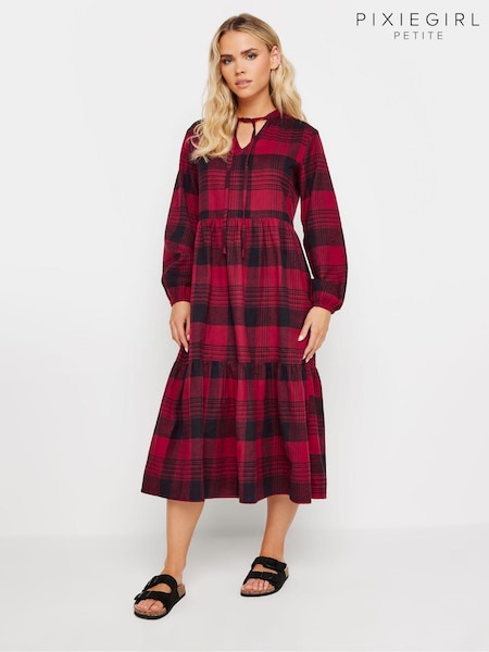 PixieGirl Petite Red 100% Cotton Check Tiered Midaxi Dress (AA3161) | £39