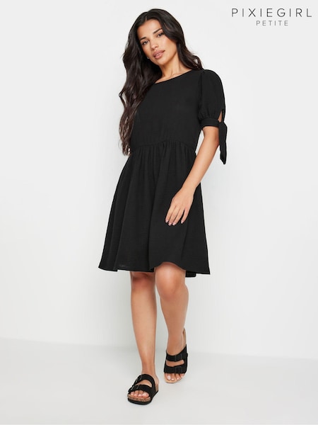 PixieGirl Petite Black Tie Sleeve 100% Cotton Textured Smock Dress (AA3162) | £35