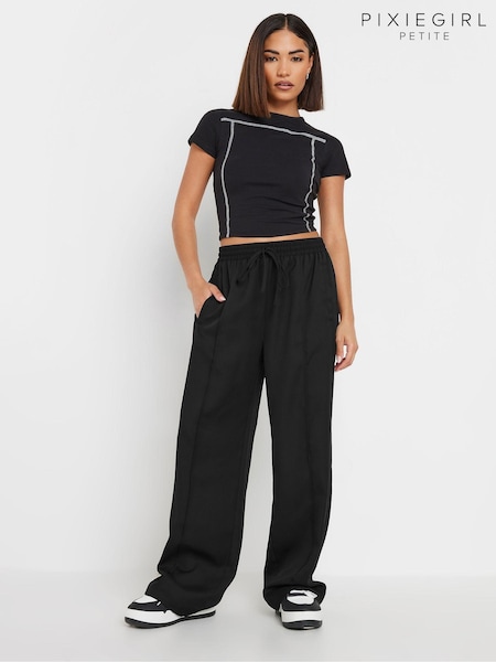 PixieGirl Petite Black Pintuck Tie Waist Wide Leg Trousers (AA3195) | £34