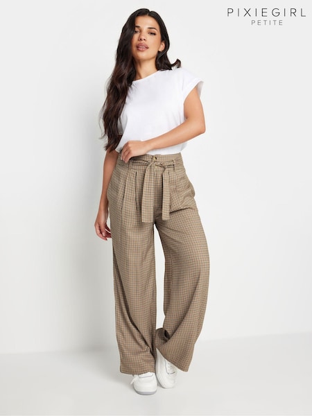 PixieGirl Petite Brown Check Wide Leg 100% Cotton Trousers (AA3213) | £37