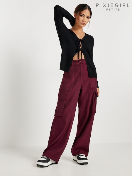 PixieGirl Petite Burgundy Red Utility Wide Leg Trousers (AA3221) | £39