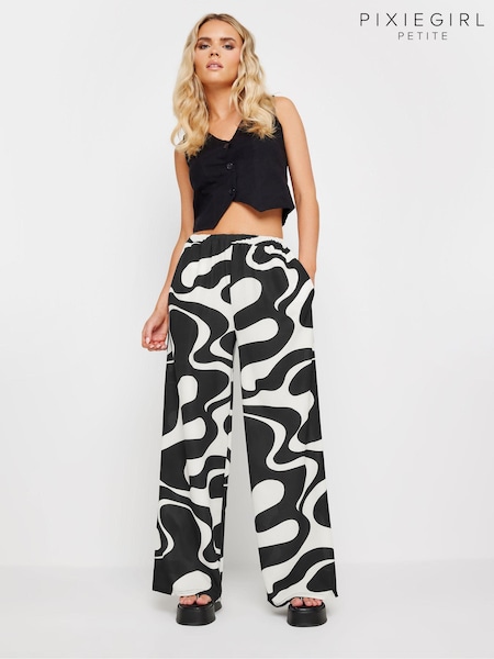 PixieGirl Petite Black Abstract Swirl Print Wide Leg Trousers (AA3235) | £29