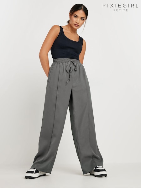 PixieGirl Petite Grey Pintuck Tie Waist Wide Leg Trousers (AA3236) | £34