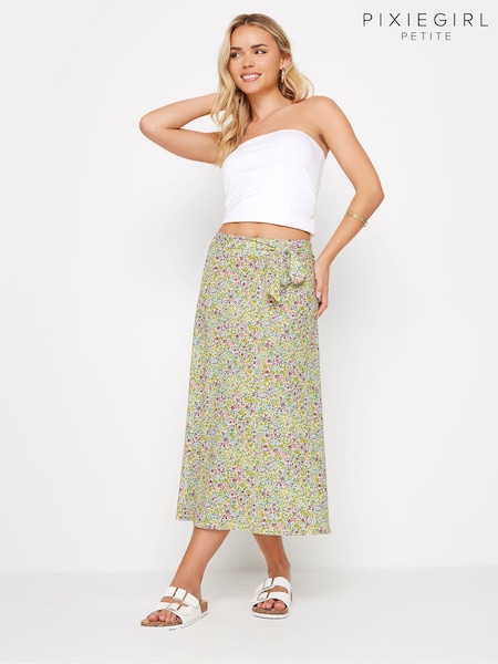 PixieGirl Petite Yellow Ditsy Belted Midi Skirt (AA3286) | £27