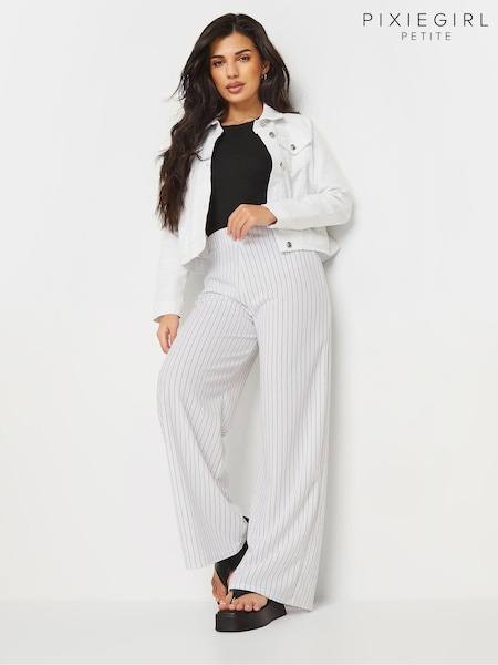 PixieGirl Petite White Scuba Pinstripe Wide Leg Trousers (AA3295) | £34