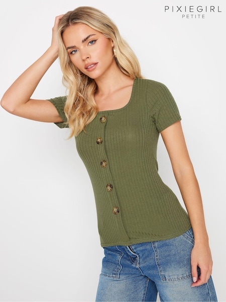 PixieGirl Petite Green Short Sleeve Button Ribbed T-Shirt (AA3310) | £22