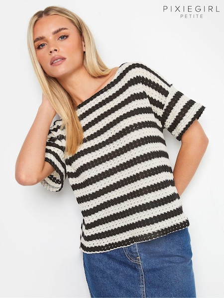 PixieGirl Petite Black Stripe Short Sleeve Crochet Top (AA3311) | £27