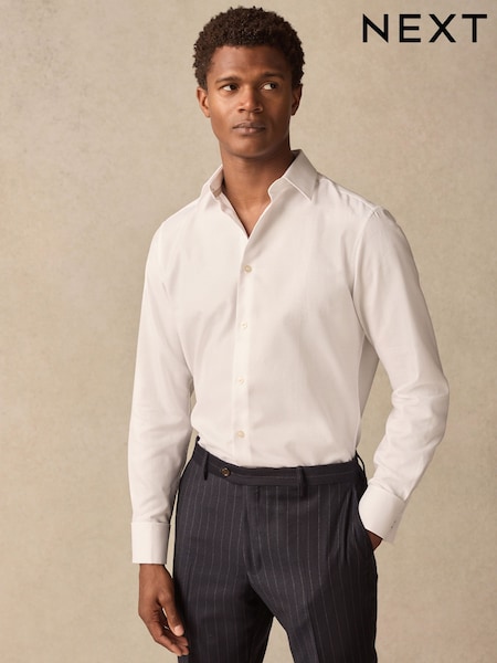 White Slim Fit Textured Long Sleeve Double Cuff 100% Cotton Shirt (AA3526) | £38