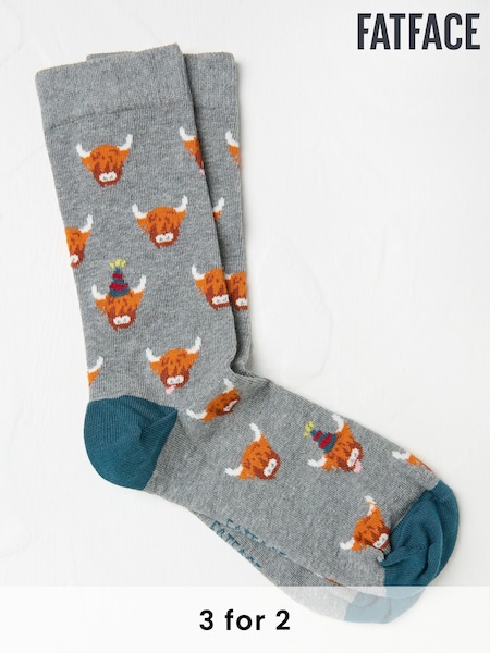 FatFace Grey Highland Cow Men's Socks (AA3559) | £7.50