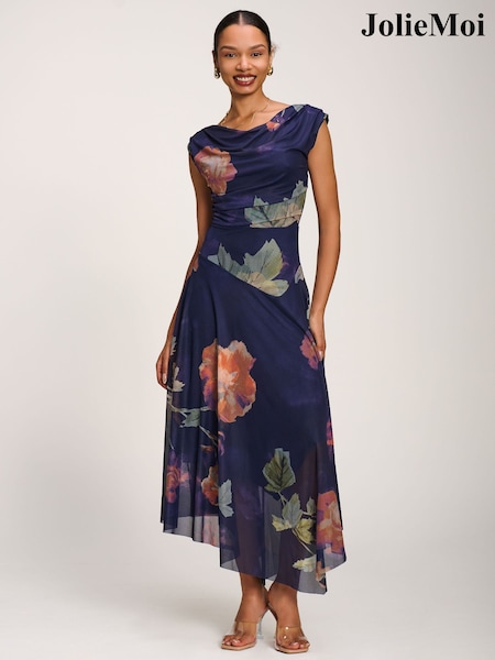Blue - Jolie Moi Asymmetrical Draped Mesh Maxi Dress